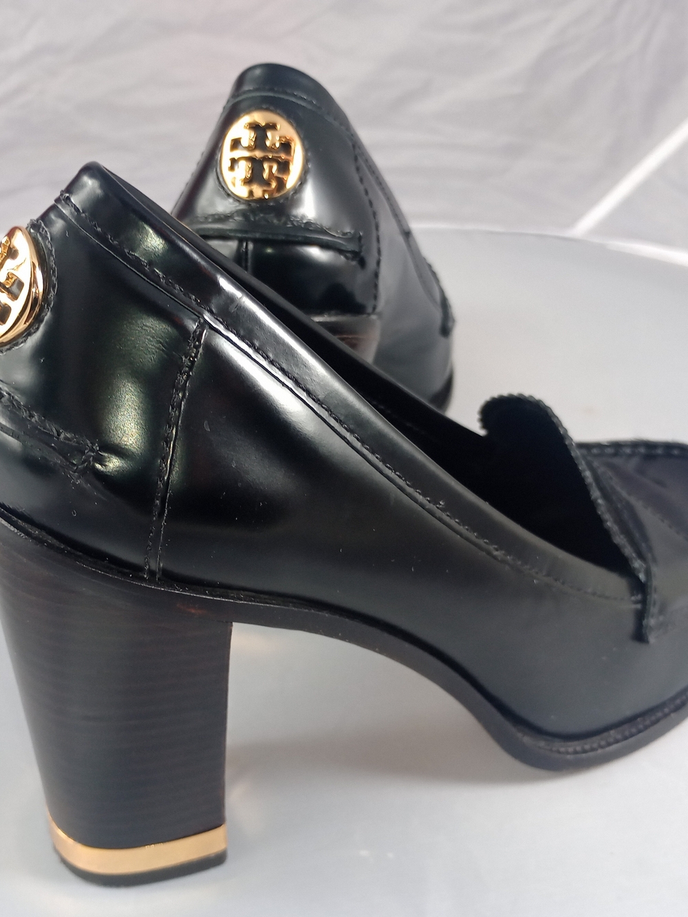 Tory Burch Black Patent Block Heel Pumps with Gold Medallion